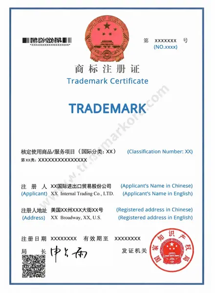 Illustrative sample trademark certificate for China
