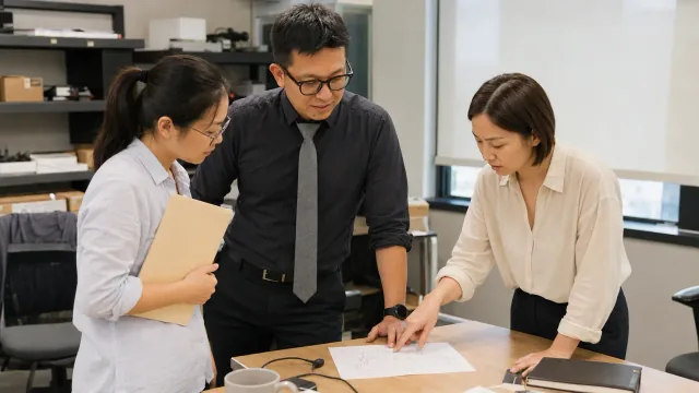 Three people discussing materials around a desk